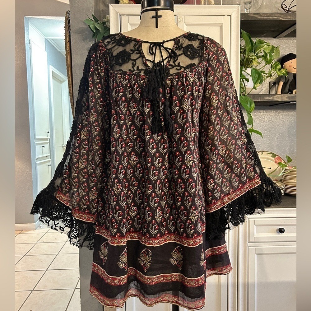 Free People Boho Floral Lace Bell Sleeve Top Dress Black Red SMALL